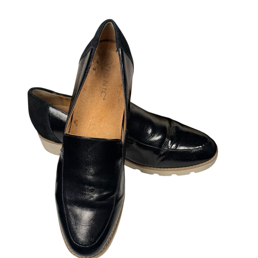 Vionic Black Leather Slip-On Loafers with Tan Soles - Picture 5 of 13